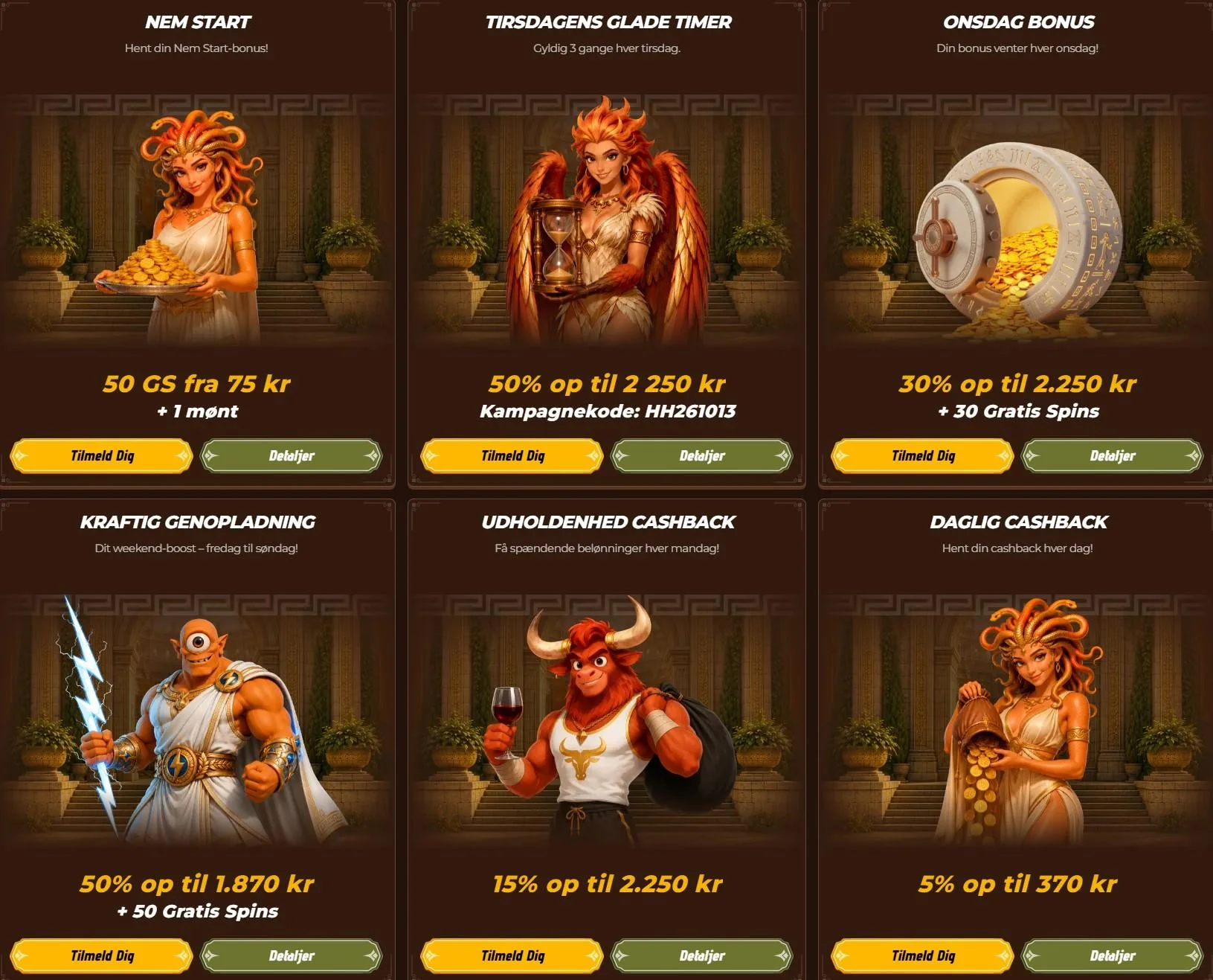 Ugens kampagner hos Casino Mino med tirsdagsbonus, onsdagstilbud og weekendgenopladning i DKK