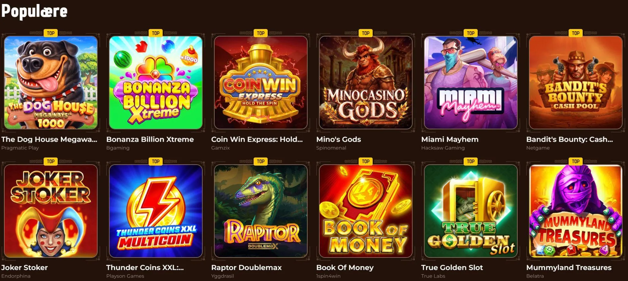 Spiludvalget hos Casino Mino Danmark med faner for populære slots, jackpots og køb bonus-spil